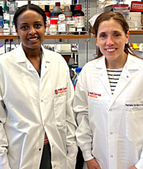 2023 Hartwell Fellow Ayan Hussein, Ph.D. (L) and mentor Natalia De Marco Garcia, Ph.D., Cornell University